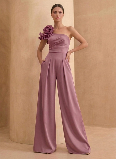 Jumpsuit/Pantsuit One-Shoulder Sleeveless Floor-Length Matte Satin Evening Dresses With Flower(s)