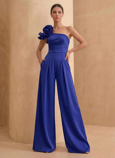 Jumpsuit/Pantsuit One-Shoulder Sleeveless Floor-Length Matte Satin Mother Of The Bride Dresses With Flower(s)