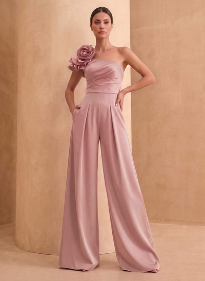 Jumpsuit/Pantsuit One-Shoulder Sleeveless Floor-Length Crepe Satin Mother Of The Bride Dresses With Flower