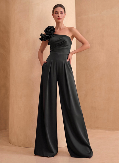 Jumpsuit/Pantsuit One-Shoulder Sleeveless Floor-Length Crepe Satin Mother Of The Bride Dresses With Flower