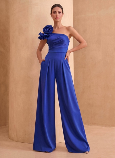 Jumpsuit/Pantsuit One-Shoulder Sleeveless Floor-Length Crepe Satin Mother Of The Bride Dresses With Flower
