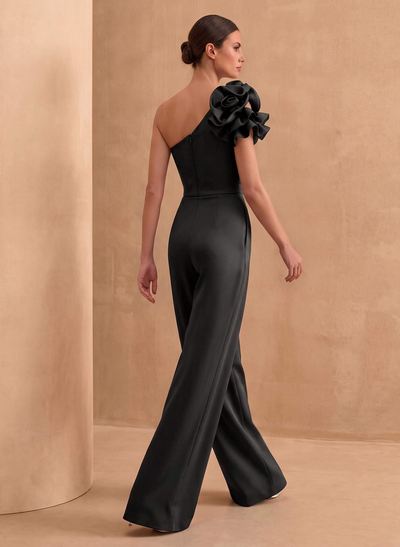 Jumpsuit/Pantsuit One-Shoulder Sleeveless Floor-Length Crepe Satin Mother Of The Bride Dresses With Flower