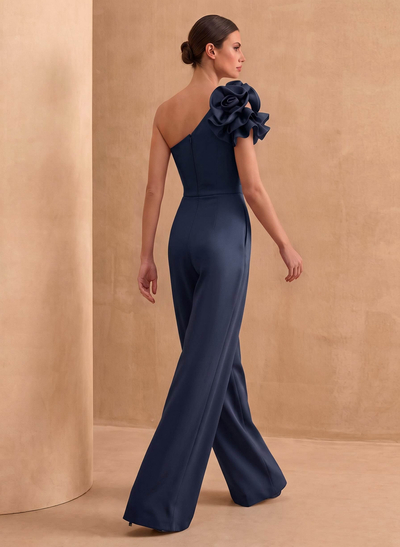 Jumpsuit/Pantsuit One-Shoulder Sleeveless Floor-Length Crepe Satin Mother Of The Bride Dresses With Flower