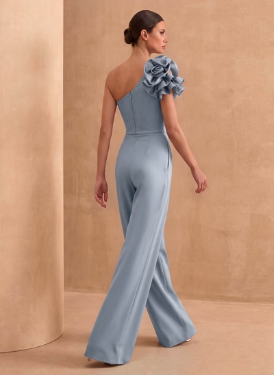 Jumpsuit/Pantsuit One-Shoulder Sleeveless Floor-Length Crepe Satin Mother Of The Bride Dresses With Flower