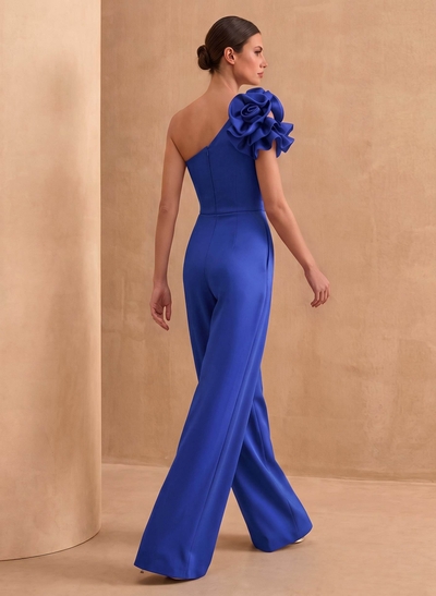 Jumpsuit/Pantsuit One-Shoulder Sleeveless Floor-Length Crepe Satin Mother Of The Bride Dresses With Flower