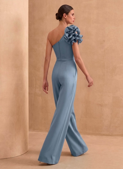 Jumpsuit/Pantsuit One-Shoulder Sleeveless Floor-Length Crepe Satin Mother Of The Bride Dresses With Flower