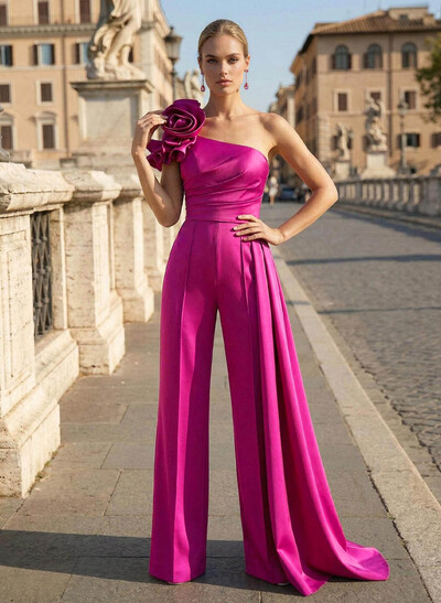 Jumpsuit/Pantsuit One-Shoulder Sleeveless Sweep Train Matte Satin Mother Of The Bride Dresses With Flower(s)/Sweeping Side Drape