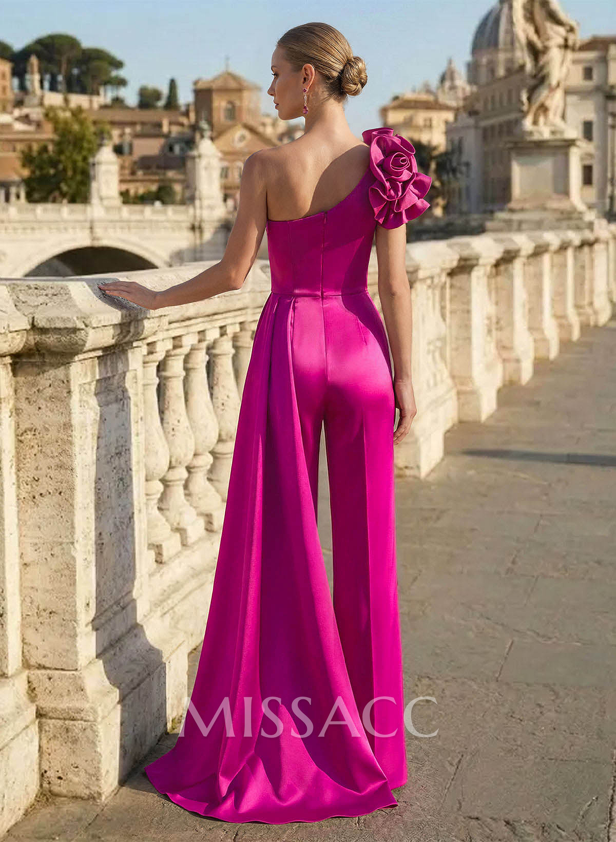 Jumpsuit/Pantsuit One-Shoulder Sleeveless Sweep Train Matte Satin Mother Of The Bride Dresses With Flower(s)/Sweeping Side Drape