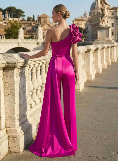 Jumpsuit/Pantsuit One-Shoulder Sleeveless Sweep Train Matte Satin Mother Of The Bride Dresses With Flower(s)/Sweeping Side Drape