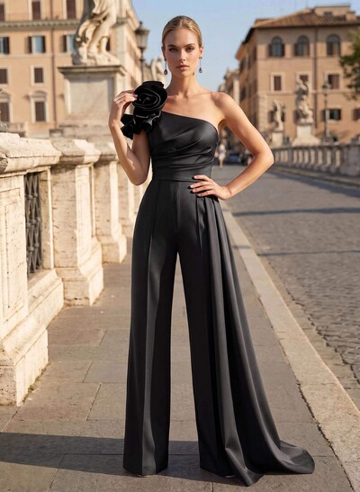 Jumpsuit/Pantsuit One-Shoulder Sleeveless Sweep Train Matte Satin Mother Of The Bride Dresses With Flower(s)/Sweeping Side Drape