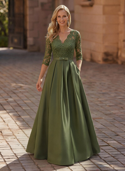 3/4 Sleeves A-Line V-Neck Sweep Train Satin Mother Of The Bride Dresses With Bow(s)/Appliques Lace