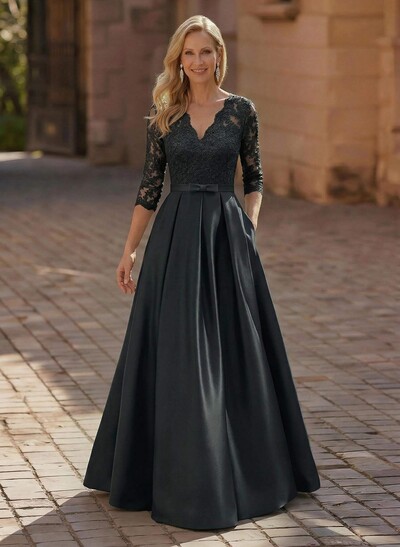3/4 Sleeves A-Line V-Neck Sweep Train Satin Mother Of The Bride Dresses With Bow(s)/Appliques Lace