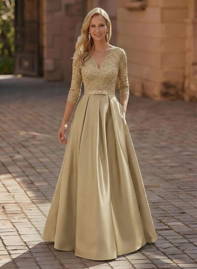 3/4 Sleeves A-Line V-Neck Sweep Train Satin Mother Of The Bride Dresses With Bow(s)/Appliques Lace