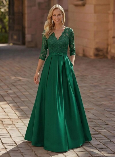 3/4 Sleeves A-Line V-Neck Sweep Train Satin Mother Of The Bride Dresses With Bow(s)/Appliques Lace