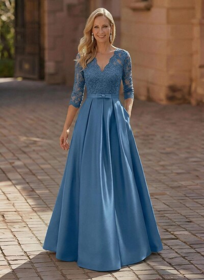 3/4 Sleeves A-Line V-Neck Sweep Train Satin Mother Of The Bride Dresses With Bow(s)/Appliques Lace