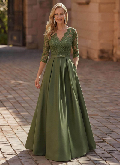 3/4 Sleeves A-Line V-Neck Sweep Train Satin Mother Of The Bride Dresses With Bow(s)/Appliques Lace