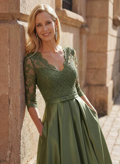 3/4 Sleeves A-Line V-Neck Sweep Train Satin Mother Of The Bride Dresses With Bow(s)/Appliques Lace