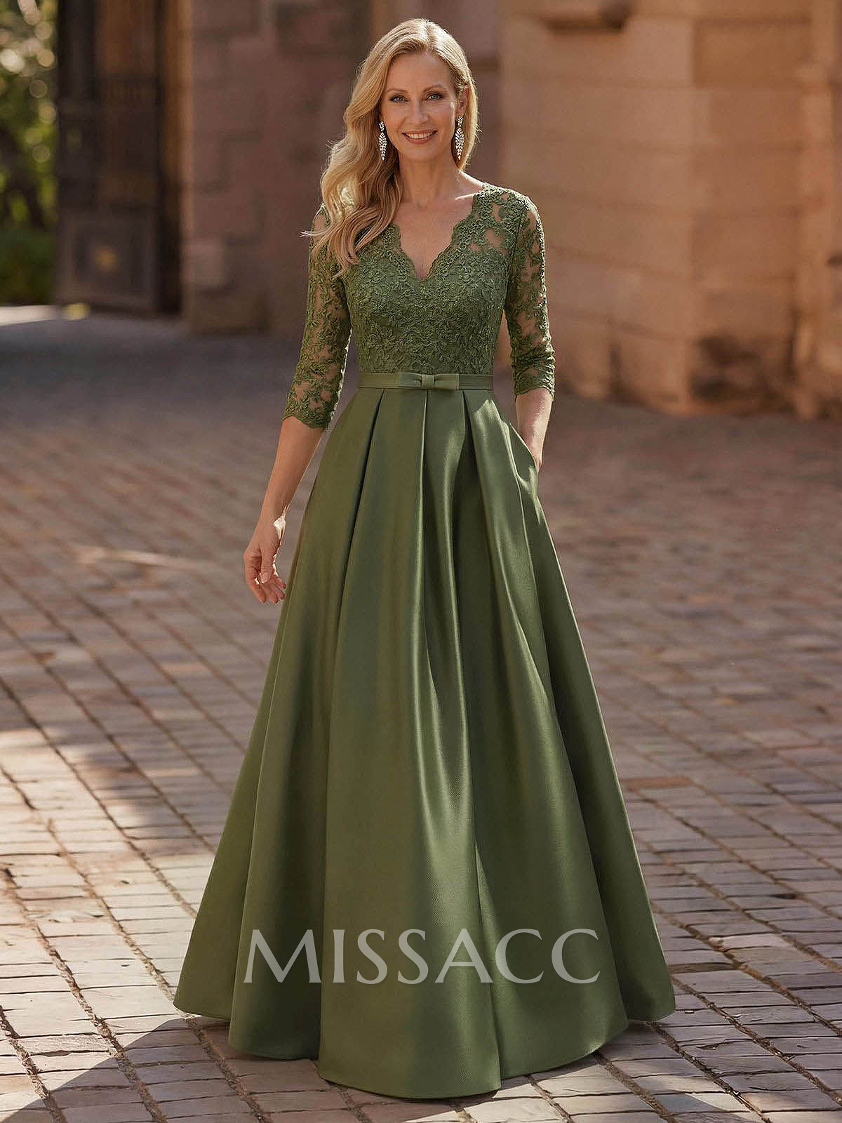 3/4 Sleeves A-Line V-Neck Sweep Train Satin Mother Of The Bride Dresses With Bow(s)/Appliques Lace 3/4 Sleeves A-Line V-Neck Sweep Train Satin Mother Of The Bride Dresses With Bow(s)/Appliques Lace