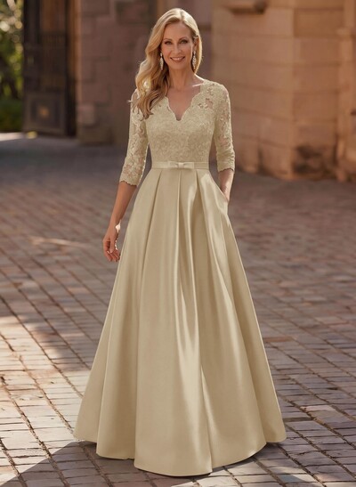 3/4 Sleeves A-Line V-Neck Sweep Train Satin Mother Of The Bride Dresses With Bow(s)/Appliques Lace