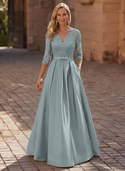 3/4 Sleeves A-Line V-Neck Sweep Train Satin Mother Of The Bride Dresses With Bow(s)/Appliques Lace