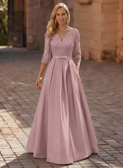 3/4 Sleeves A-Line V-Neck Sweep Train Satin Mother Of The Bride Dresses With Bow(s)/Appliques Lace