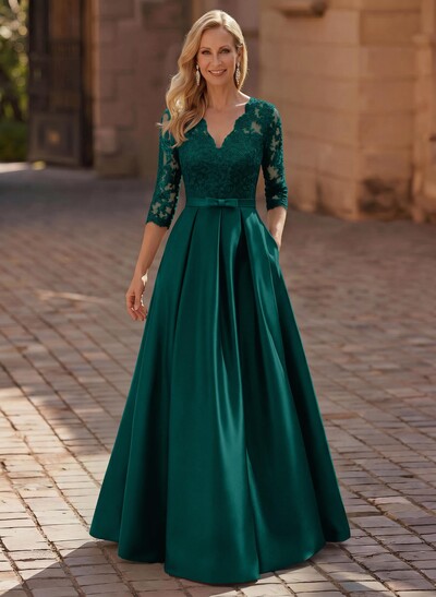3/4 Sleeves A-Line V-Neck Sweep Train Satin Mother Of The Bride Dresses With Bow(s)/Appliques Lace