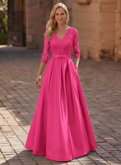 3/4 Sleeves A-Line V-Neck Sweep Train Satin Mother Of The Bride Dresses With Bow(s)/Appliques Lace