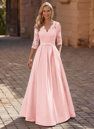 3/4 Sleeves A-Line V-Neck Sweep Train Satin Mother Of The Bride Dresses With Bow(s)/Appliques Lace