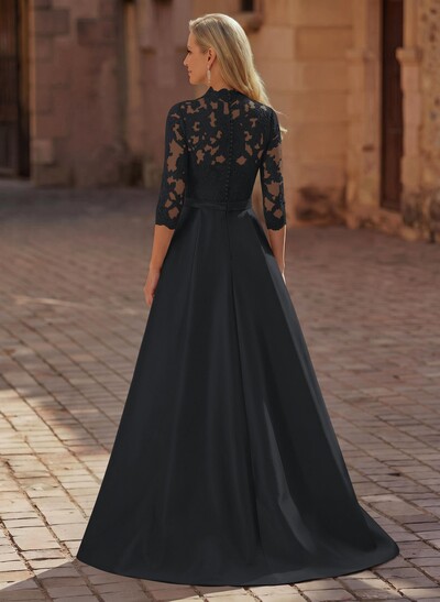 3/4 Sleeves A-Line V-Neck Sweep Train Satin Mother Of The Bride Dresses With Bow(s)/Appliques Lace