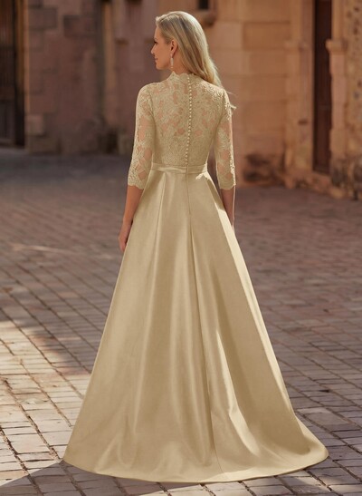 3/4 Sleeves A-Line V-Neck Sweep Train Satin Mother Of The Bride Dresses With Bow(s)/Appliques Lace