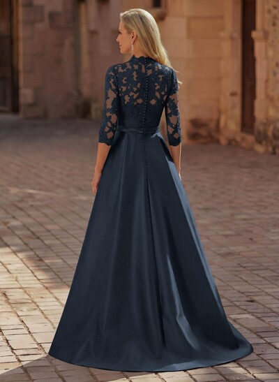 3/4 Sleeves A-Line V-Neck Sweep Train Satin Mother Of The Bride Dresses With Bow(s)/Appliques Lace