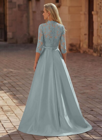 3/4 Sleeves A-Line V-Neck Sweep Train Satin Mother Of The Bride Dresses With Bow(s)/Appliques Lace
