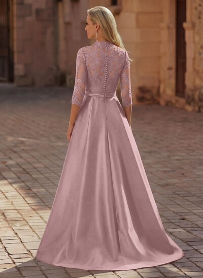 3/4 Sleeves A-Line V-Neck Sweep Train Satin Mother Of The Bride Dresses With Bow(s)/Appliques Lace