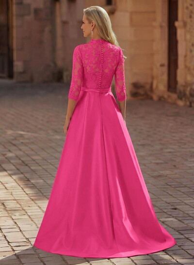 3/4 Sleeves A-Line V-Neck Sweep Train Satin Mother Of The Bride Dresses With Bow(s)/Appliques Lace