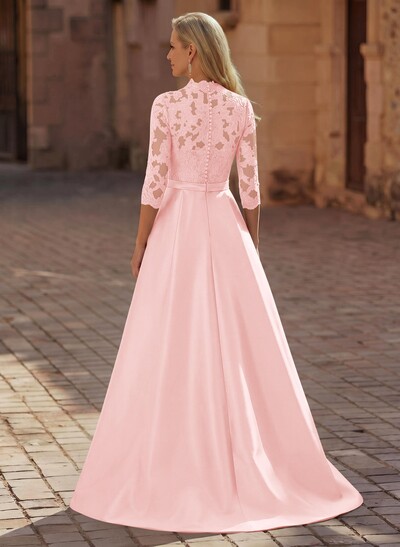 3/4 Sleeves A-Line V-Neck Sweep Train Satin Mother Of The Bride Dresses With Bow(s)/Appliques Lace