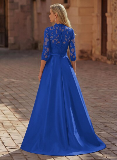 3/4 Sleeves A-Line V-Neck Sweep Train Satin Mother Of The Bride Dresses With Bow(s)/Appliques Lace