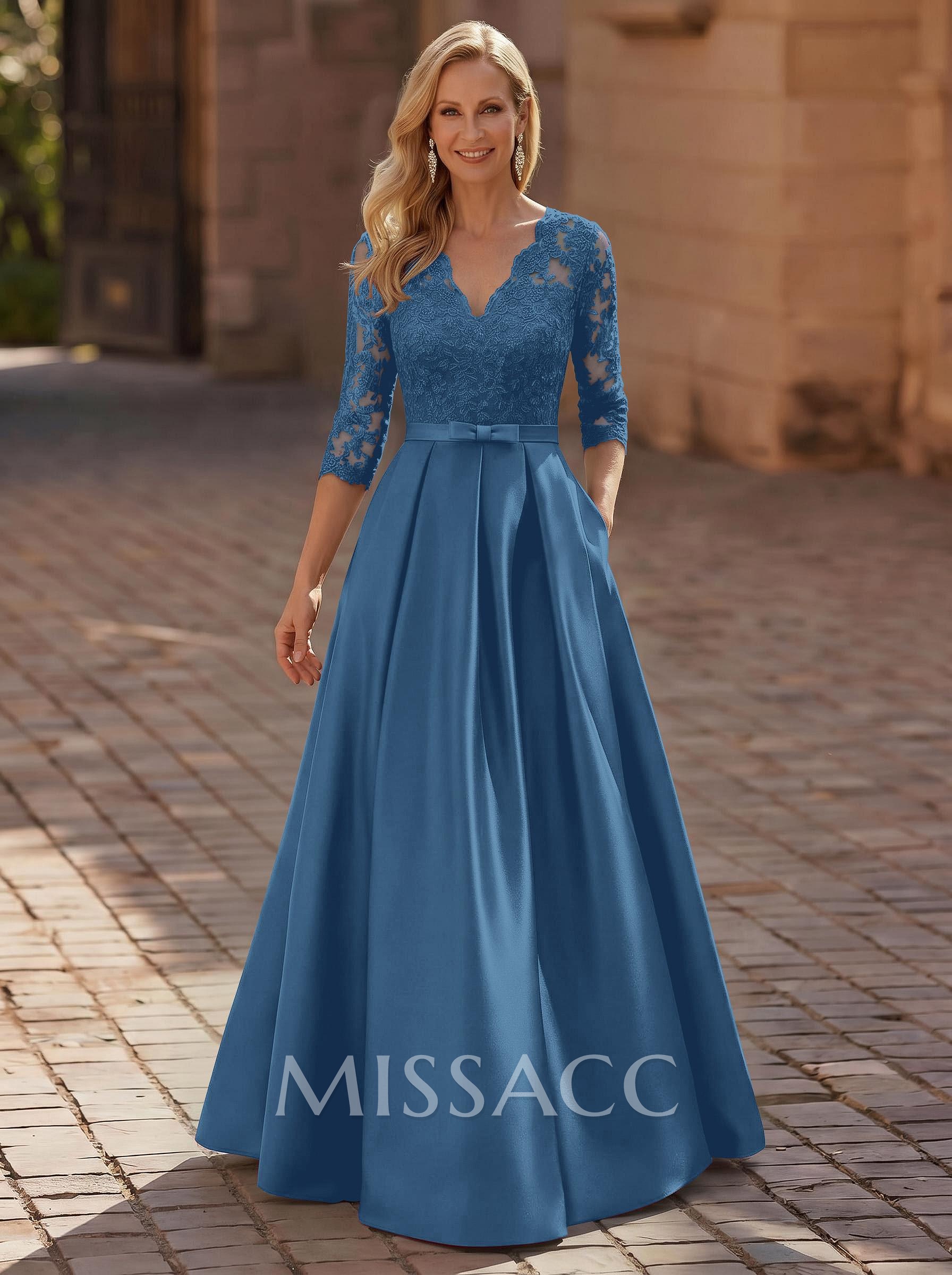 3/4 Sleeves A-Line V-Neck Sweep Train Satin Mother Of The Bride Dresses With Bow(s)/Appliques Lace