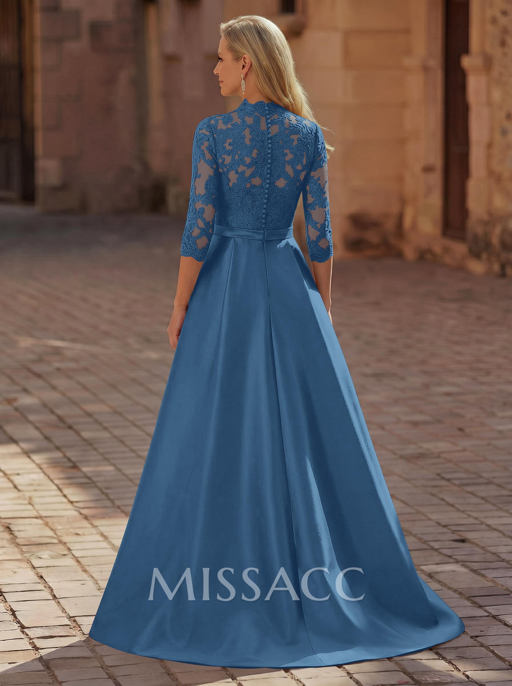 3/4 Sleeves A-Line V-Neck Sweep Train Satin Mother Of The Bride Dresses With Bow(s)/Appliques Lace