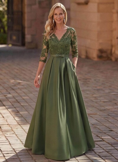 3/4 Sleeves A-Line V-Neck Sweep Train Satin Mother Of The Bride Dresses With Bow(s)/Appliques Lace
