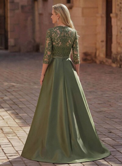 3/4 Sleeves A-Line V-Neck Sweep Train Satin Mother Of The Bride Dresses With Bow(s)/Appliques Lace