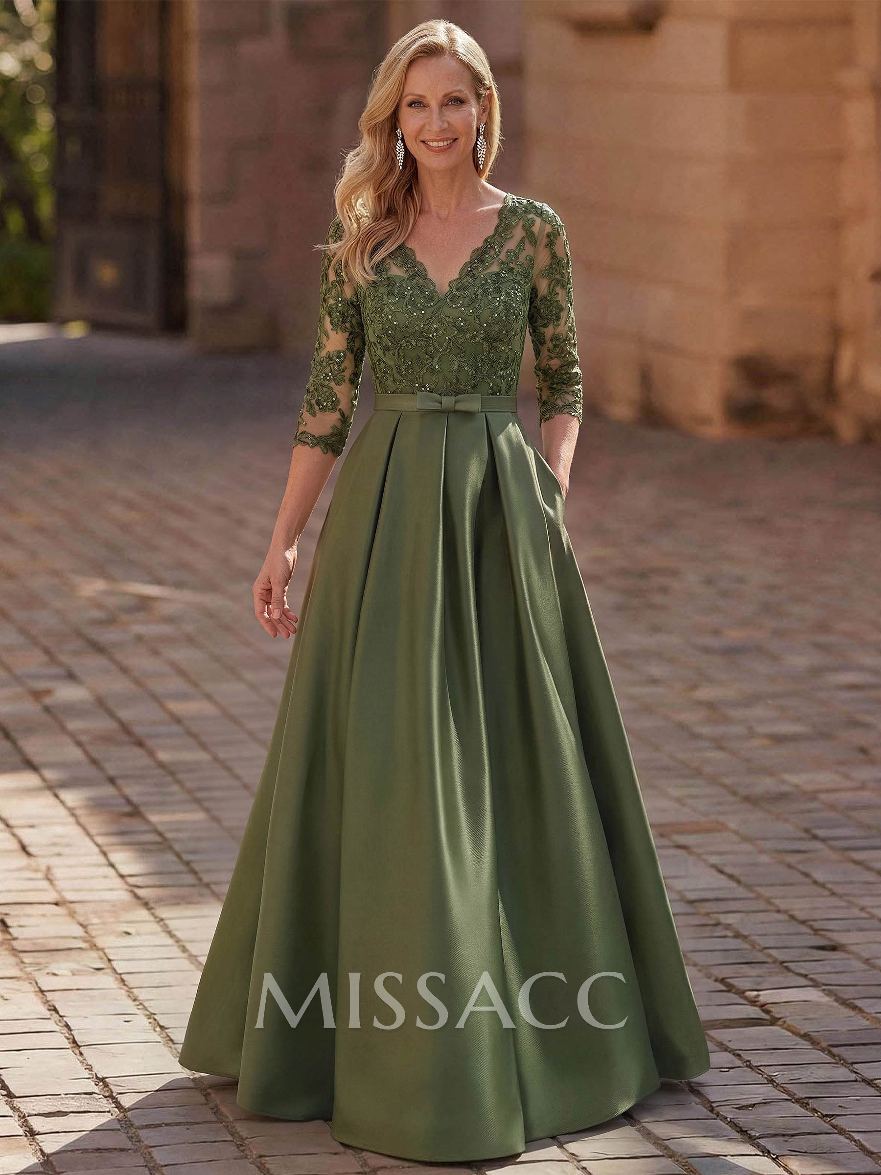 3/4 Sleeves A-Line V-Neck Sweep Train Satin Mother Of The Bride Dresses With Bow(s)/Appliques Lace