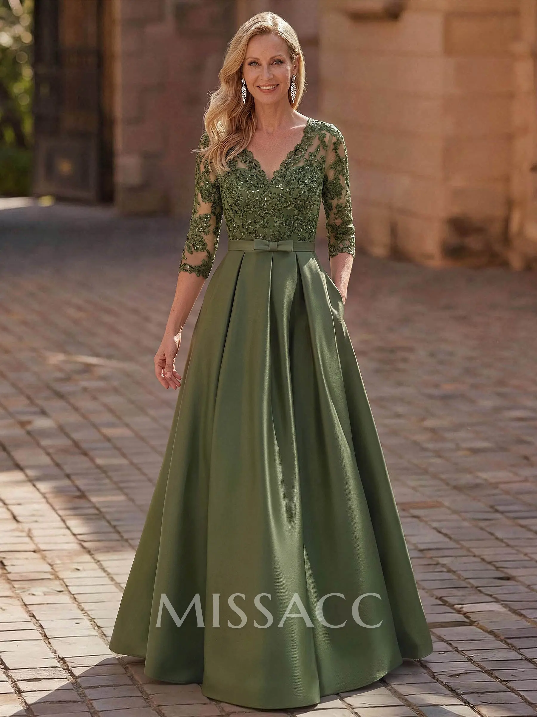 3/4 Sleeves A-Line V-Neck Sweep Train Satin Mother Of The Bride