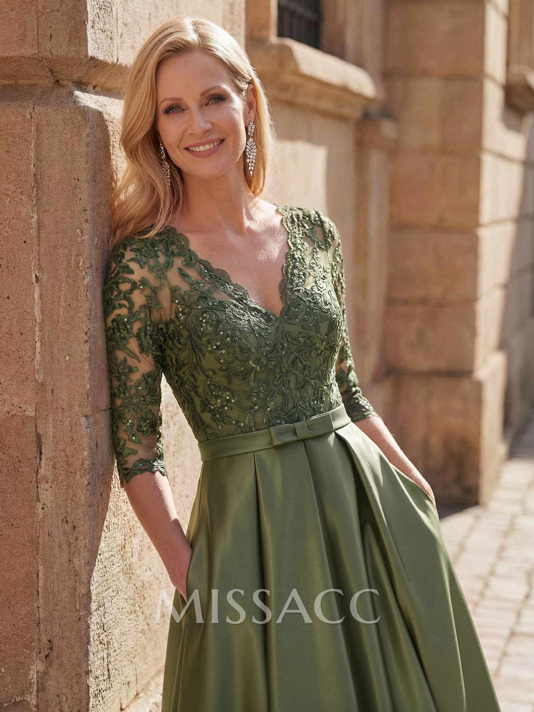 3/4 Sleeves A-Line V-Neck Sweep Train Satin Mother Of The Bride Dresses With Bow(s)/Appliques Lace