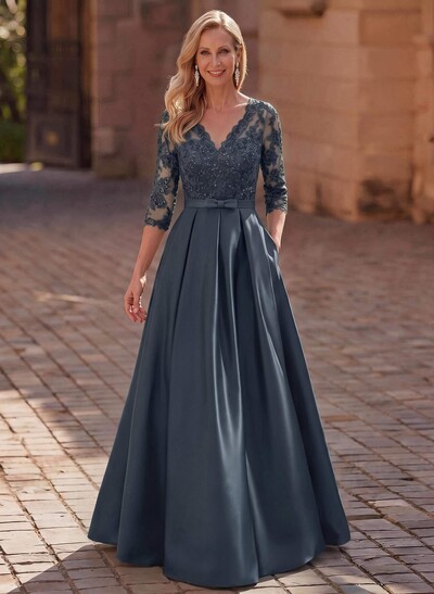 3/4 Sleeve A-Line V-Neck Sweep Train Satin Mother Of The Bride Dress With Bows And Lace Appliqués