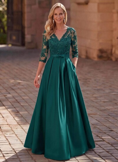 3/4 Sleeves A-Line V-Neck Sweep Train Satin Mother Of The Bride Dresses With Bow(s)/Appliques Lace