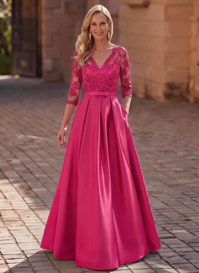 3/4 Sleeve A-Line V-Neck Sweep Train Satin Mother Of The Bride Dress With Bows And Lace Appliqués