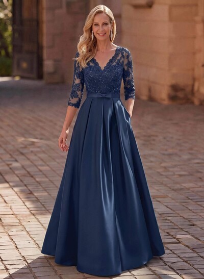 3/4 Sleeves A-Line V-Neck Sweep Train Satin Mother Of The Bride Dresses With Bow(s)/Appliques Lace