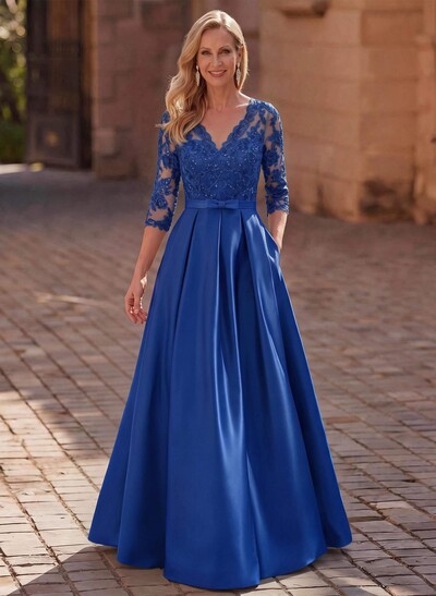 3/4 Sleeves A-Line V-Neck Sweep Train Satin Mother Of The Bride Dresses With Bow(s)/Appliques Lace