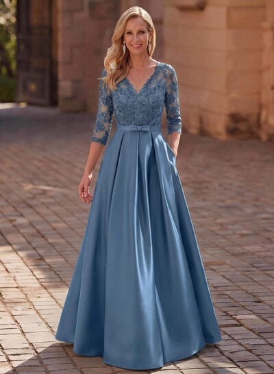 3/4 Sleeve A-Line V-Neck Sweep Train Satin Mother Of The Bride Dress With Bows And Lace Appliques