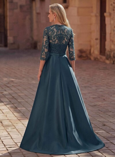 3/4 Sleeve A-Line V-Neck Sweep Train Satin Mother Of The Bride Dress With Bows And Lace Appliqués